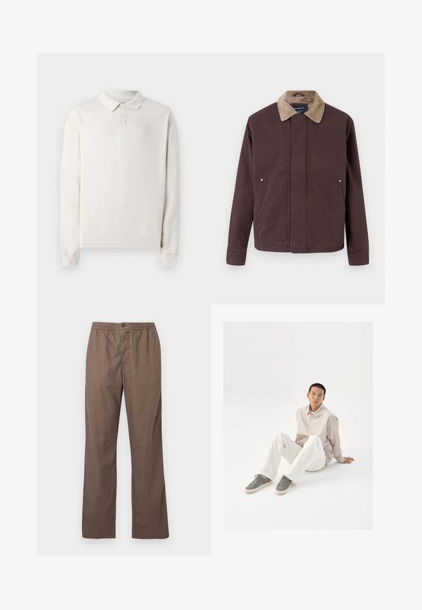 Chaqueta marrón oscuro hecha de un tejido resistente, con un cuello de pana, dos bolsillos frontales y un diseño de corte recto.; Polo de manga larga en blanco roto, hecho de un tejido suave. Presenta un cuello clásico, tres botones y puños acanalados. Textura suave.; Pantalones casuales marrones con cintura elástica, cierre de botón, pierna recta y bolsillos frontales, mostrados sobre un fondo blanco liso.; Camisa de botón beige, pantalones blancos y zapatillas grises. La camisa tiene un corte holgado y las zapatillas presentan una superficie texturizada y un diseño con cordones.