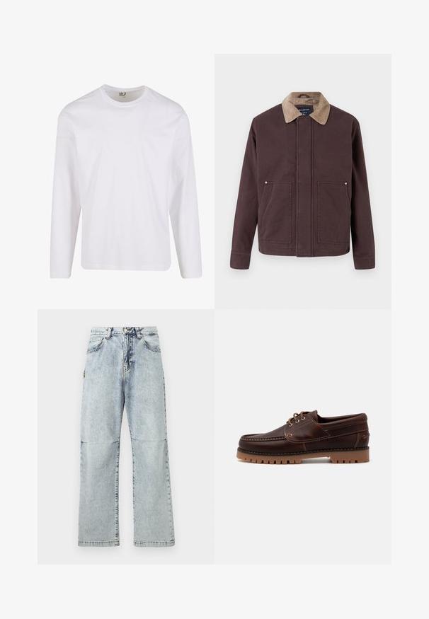 Donkerbruine jas gemaakt van stevig materiaal, met een corduroy kraag, twee voorzakken en een rechte snit.; Witte lange mouwen t-shirt gemaakt van zachte katoen, met een ronde halslijn en een schone, naadloze uitstraling zonder grafische patronen of versieringen.; Lichtblauwe denim broeken met een relaxte pasvorm, vervaagde textuur, vijf zakken en een knoopsluiting op de tailleband. Platte naden en wijde pijpen.; Bruine leren bootschoen met stikdetails, vetersluiting en robuuste rubberen zool met textuurprofielen voor grip.