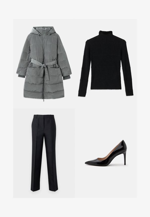 Grå, overdimensioneret pufferjakke med hætte, frontlynlås, bælte i taljen, to forlommer og struktureret, quiltet stof.; Sort ribbet turtleneck sweater med lange ærmer og en tekstureret overflade. Fremstår med vandrette striber og en bølget kant ved ærmerne.; Sorte bukser med lige ben, glat tekstur og skjult lynlås. Har folder for ekstra stil og en skræddersyet udseende.; Sort laklæder pumps med høje hæle, spids snude og stilethæl, vist i sideprofil på en ensfarvet hvid baggrund.