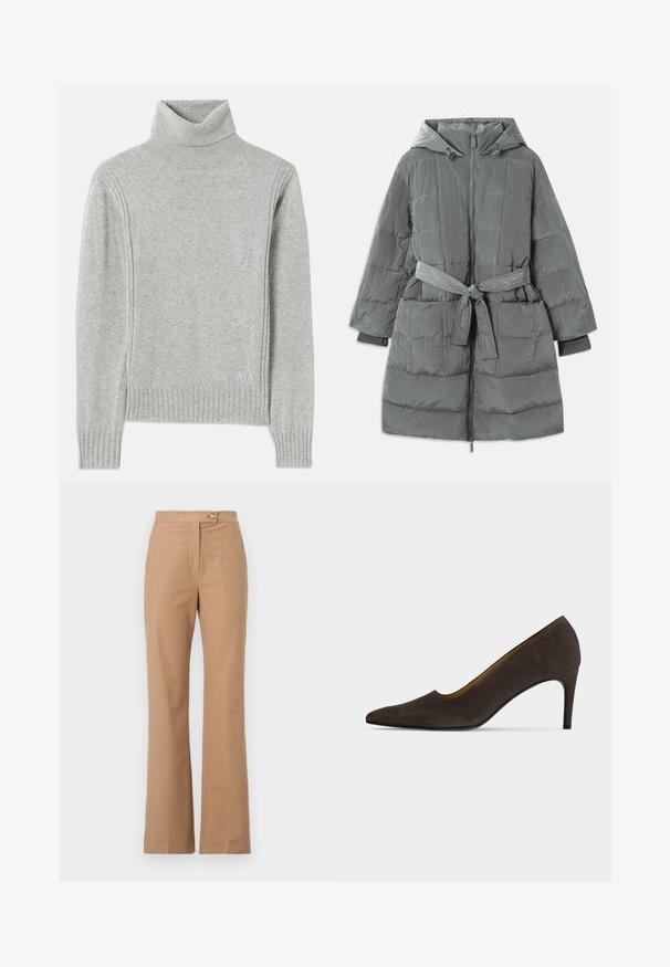 Grå, overdimensioneret pufferjakke med hætte, frontlynlås, bælte i taljen, to forlommer og struktureret, quiltet stof.; Lys grå turtleneck sweater lavet af blødt stof. Har ribbede manchetter og kanten, samt et diskret logo nederst til højre.; Beige skræddersyede bukser med en flagrende silhuet, lavet af glat stof, med en frontknaplukning og to sidelommer.; Mørkebrun spids, højhælet sko med en glat finish og tynd hæl på en ensartet lys baggrund.