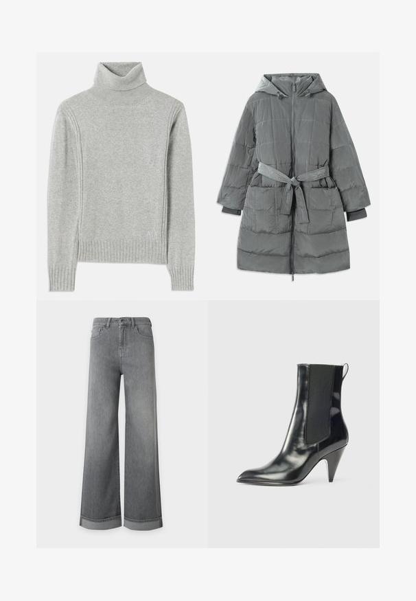 Grå, overdimensioneret pufferjakke med hætte, frontlynlås, bælte i taljen, to forlommer og struktureret, quiltet stof.; Lys grå turtleneck sweater lavet af blødt stof. Har ribbede manchetter og kanten, samt et diskret logo nederst til højre.; Grå jeans med høj talje og brede ben, fem lommer, knaplukning og opsmøgede manchetter præsenteret mod en ren hvid baggrund.; Sort, blanklæder ankelstøvle med spids tå, elastisk sidepanel, pull-tab bagpå og en mid-højde konisk hæl.