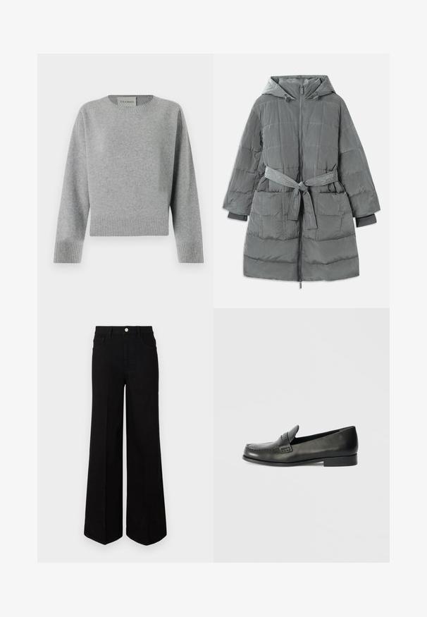 Sivý, nadrozmerný pufrový kabát s kapucňou, predným zipsom, pásom v páse, dvomi prednými vreckami a textúrovanou, prešívanou látkou.; CLOSED CREW NECK WIDE SLEEVE - Svetrík - light grey; Čierne široké džínsy vyrobené z pevnej tkaniny, s vysokým pásom, prednými vreckami a predným zapínaním na gombík. Rovný lem na spodnej strane.; Čierne kožené poltopánky s okrúhlym špičkou, zdvihnutými švami a nízkym vrstveným podpätkom. Hladký povrch s jemným leskom.