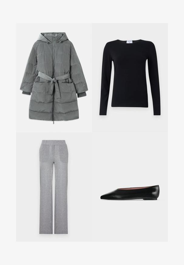 Abrigo puffer gris, de gran tamaño, con capucha, cremallera frontal, cintura ceñida con cinturón, dos bolsillos delanteros y tejido texturizado acolchado.; Camisa negra de manga larga hecha de tejido suave, con un cuello redondo, corte recto y costuras mínimas para una apariencia limpia.; Pantalones de punto gris con textura acanalada, cintura ajustada y pierna acampanada. Presentan un brillo sutil y rayas verticales para dar textura.; Zapato plano negro de cuero para mujer con punta puntiaguda y tacón bajo, mostrado de lado sobre un fondo liso gris claro.