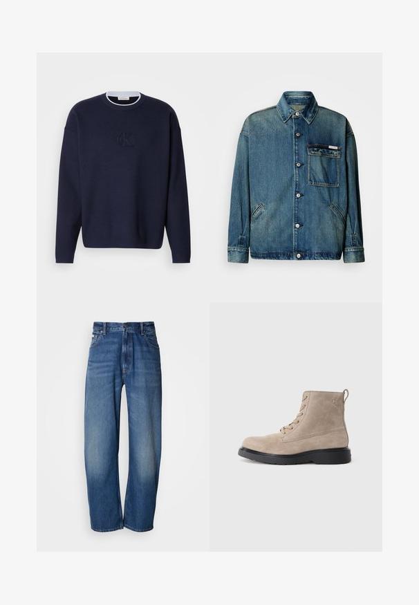 Blauwe denimjack met knoopsluiting, kraag, opgestikt borstzakje met logotag, en twee schuin geplaatste zijzakken op een witte achtergrond.; Marineblauwe gebreide trui met een ronde hals, geribbelde kraag en subtiele geborduurde "ck" logo op de voorkant. Lange mouwen, losse pasvorm.; Wijde jeans van denim in een middelblauwe wassing. Voorzien van een ritsvlieger, vijf zakken en lichte vervaging voor een gedragen uitstraling. Klassieke stikdetails.; Beige suède enkellaarsjes met zwarte rubberen zool, vetersluiting en een klein logo dat aan de zijkant is gedrukt, voorzien van een trekloop aan de achterkant.