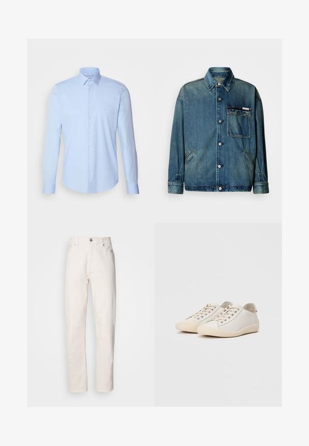 Sinine denim jakk nupulukuga, krae, klapiga rinnatasku firmalogi sildiga ja kaks nurksete küljetaskut valgel taustal.; Hele sinine puuvillane särk, millel on klassikaline krae, pikad varrukad ja väike logo rinnal. Sile tekstuur.; Sirgeda valgedest denimist püksid, millel on nupuga ja lukuga kinnitajad, vööreak ja ees- ning tagaosal taskud, esitlemine lihtsal taustal.; Valged tossud, mis on valmistatud siledast nahast, tonalsete õmblustega, nööridega kinni tõmmatav, ümar varvas ja tekstureeritud kummist tald.