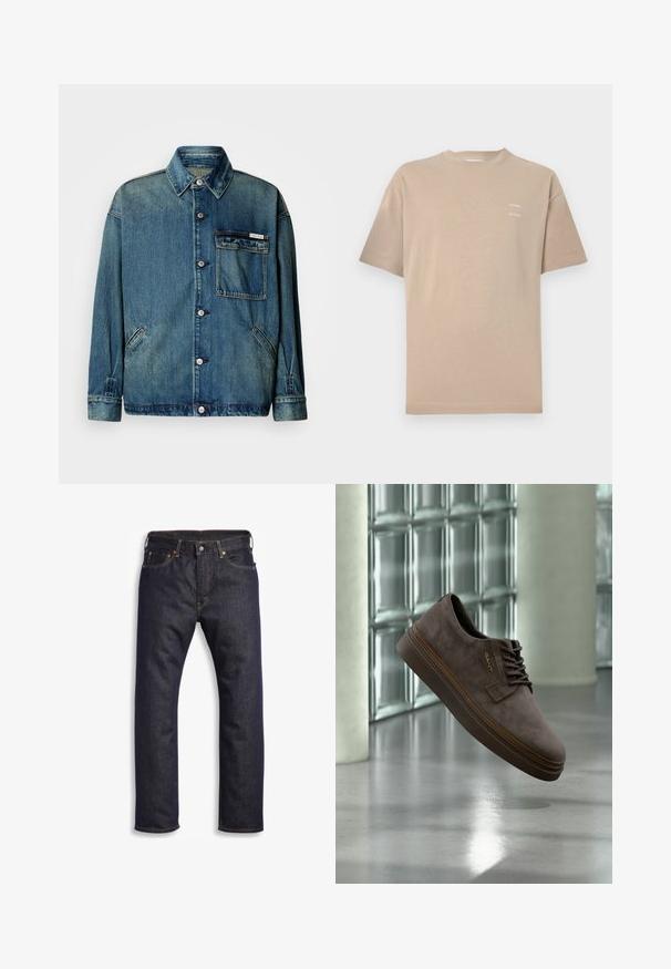 Blaue Denim-Jacke mit Knopfverschluss, Kragen, aufgesetzter Brusttasche mit Logosticker und zwei schrägen Seitentaschen auf weißem Hintergrund.; Beiges Baumwoll-T-Shirt mit Rundhalsausschnitt, kurzen Ärmeln und dezentem, gedrucktem Branding auf der linken oberen Brust. Glatte Textur, minimalistisches Design.; Dunkelblaue Jeans aus Denim mit geradem Schnitt, Fünf-Taschen-Design, metallischen Komponenten und kontrastierenden orangen Nähten. Glatte Textur, keine sichtbaren Muster.; Dunkelbrauner Wildleder-Schnürschuh mit dicker Sohle und "GANT"-Logo, schwebend über einem reflektierenden Boden nahe einer Glassteinwand.