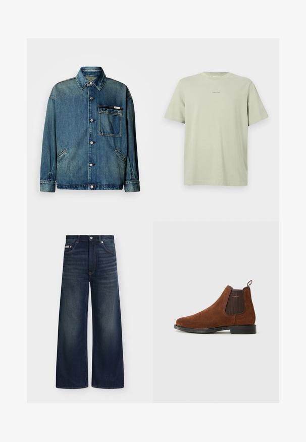 Blå denimjakke med knaplukning, krave, klapbrystlomme med logo-tag og to skrå sidelommer på hvid baggrund.; Lys grøn bomulds t-shirt med rund hals, korte ærmer og et lille Calvin Klein-logo i en mørkere nuance trykt på brystet.; Mørkeblå jeans med vide ben, forlommer, bæltestropper, knaplukning og subtil falming på lår og knæ.; Brune ruskinds Chelsea-støvle med elastisk sideskilt, løkke til at trække i bagpå, sort sål og subtil "GANT" logo på sideskilt.