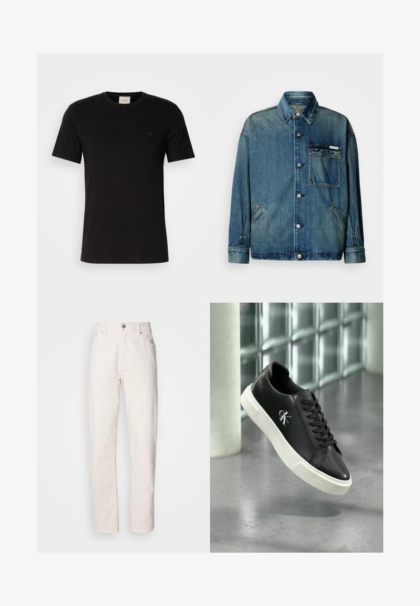 Blauwe denimjack met knoopsluiting, kraag, opgestikt borstzakje met logotag, en twee schuin geplaatste zijzakken op een witte achtergrond.; Zwarte katoenen t-shirt met korte mouwen, ronde halslijn en een klein Calvin Klein-logo op de borst. Soepele textuur, klassieke pasvorm.; Spijkerbroek van wit denim met rechte pijpen, knoop- en ritsluiting, riemlussen en voor- en achterzakken, weergegeven op een effen achtergrond.; Zwarte leren sneaker met een witte rubberen zool en het "CK Calvin Klein" logo aan de zijkant, getoond tegen een achtergrond van betegeld glas.