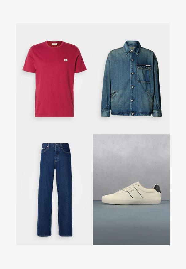 Chaqueta de mezclilla azul con cierre de botones, cuello, bolsillo en el pecho con solapa y etiqueta de logo, y dos bolsillos laterales angulados sobre fondo blanco.; Camiseta de algodón roja con cuello redondo y mangas cortas. Presenta un pequeño parche de logo blanco en el lado izquierdo del pecho. Textura suave.; Vaqueros de mezclilla azul oscuro con un diseño de pierna ancha, que presentan un cierre de botón y el clásico estilo de cinco bolsillos. La tela tiene una textura suave.; Zapatillas de color crema con una textura suave, que presentan acentos y marcas en negro. Diseño clásico de cordones con punta redonda y suela de goma.