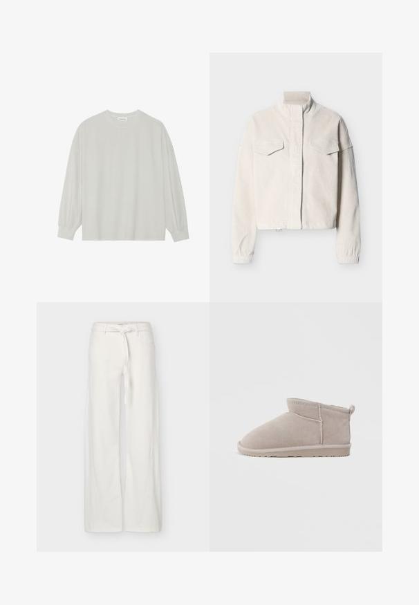 Chaqueta de pana color crema con cuello alto, bolsillos delanteros con solapa, puños elásticos y cierre frontal oculto, mostrada sobre un fondo liso.; Camiseta de manga larga gris claro hecha de algodón suave. Presenta un corte holgado, cuello redondo y puños ligeramente fruncidos. Sin patrones ni gráficos.; Pantalones blancos de pierna ancha con bolsillos delanteros y cinturón de tela anudado en la cintura, exhibidos sobre un fondo liso.; Bota de tobillo de ante color topo con punta redondeada, textura suave y detalles mínimos de costuras. Suela plana de goma para comodidad y estabilidad.