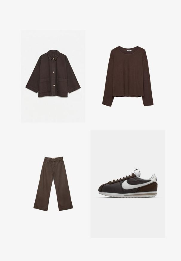 Veste oversize marron foncé avec manches larges, fermeture à boutons, deux poches avant et col classique sur fond blanc.; Pull marron à coupe décontractée, col côtelé et manches longues. Texture lisse avec un ourlet arrondi et sans motifs ni accents visibles.; Pantalons en denim marron à coupe large avec un design classique à cinq poches, dotés d'une fermeture à bouton et d'une texture lisse.; Baskets Nike marron et gris avec accents blancs ; matériaux en cuir et en daim ; semelles texturées ; lacets gris ; design rétro classique.