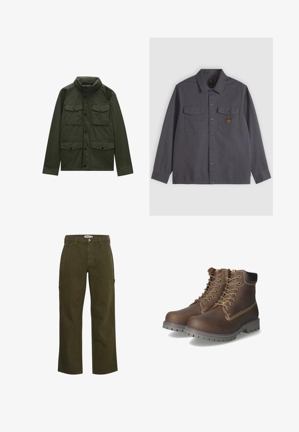 Veste à manches longues vert foncé avec col montant, fermeture à boutons sur le devant, et quatre poches à rabat boutonnées, deux sur la poitrine et deux sur les hanches.; Chemise gris foncé à manches longues avec boutons, deux poches sur la poitrine, dont une avec une petite étiquette noire et dorée.; Pantalons cargo larges olive en coton, avec une texture lisse, dotés de poches latérales et d'une fermeture à bouton, fabriqués en tissu durable.; Bottines en cuir marron avec lacets, col rembourré, coutures contrastantes et semelle en caoutchouc robuste avec motifs de traction.