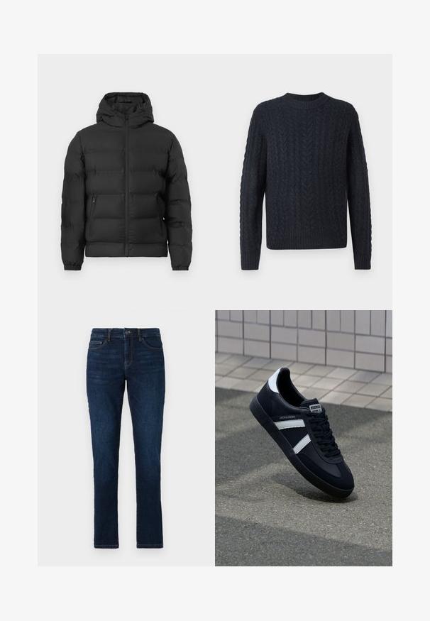 Sort pufferjakke med hætte, frontlynlås, elastiske manchetter og to lynlåslommer på siden, mod en hvid baggrund.; Mørkeblå strikket sweater med tekstureret kabelmønster, rund halsudskæring samt ribbet kant og ærmegab. Blødt stof, lange ærmer.; Mørkeblå denimjeans med slim fit, standard fem lomme-design og lukning med knap og lynlås. Glat tekstur med minimal falming.; Sort lædersneaker med hvide striber, tekstureret gummisål og snørrebånd foran. Har et brandet mærke på tungen.