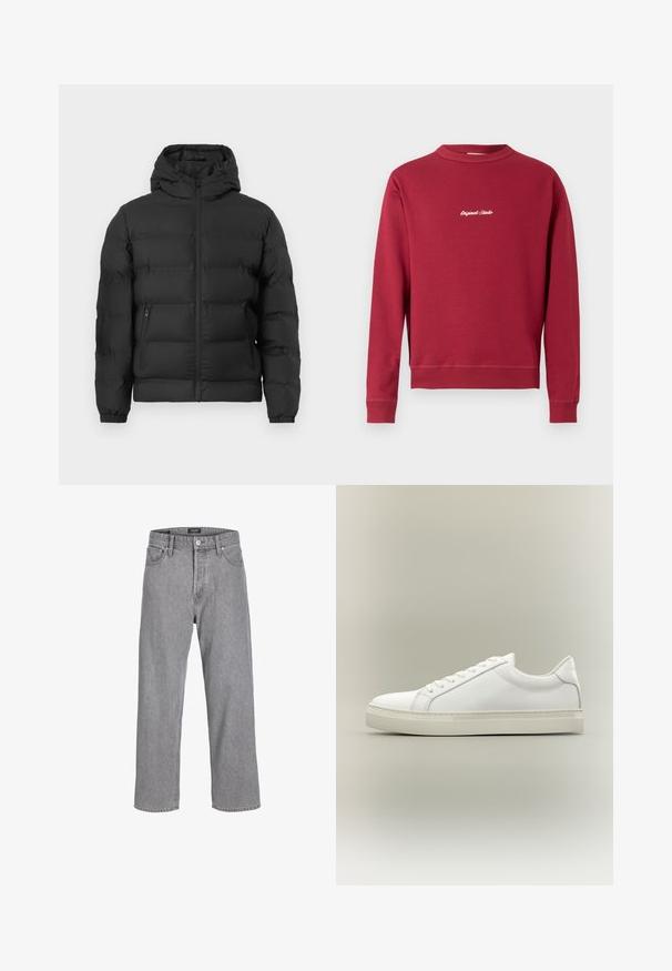 Schwarze Pufferjacke mit Kapuze, frontalem Reißverschluss, elastischen Bündchen und zwei seitlichen Reißverschlusstaschen vor einem weißen Hintergrund.; Burgunderfarbener Sweatshirt aus Baumwollmischung mit Rundhalsausschnitt, gerippten Bündchen und Saum. Auf der Vorderseite befindet sich der weiße gestickte Text "Original Studio".; Graue Jeanshose mit einem lässigen, lockeren Schnitt. Verfügt über ein traditionelles Fünf-Taschen-Design und einen Knopfverschluss am Bund.; Weißer Sneaker mit niedrigem Schaft, vorn mit Schnürung und dicker Sohle, aus der Seitenansicht vor neutralem Hintergrund.