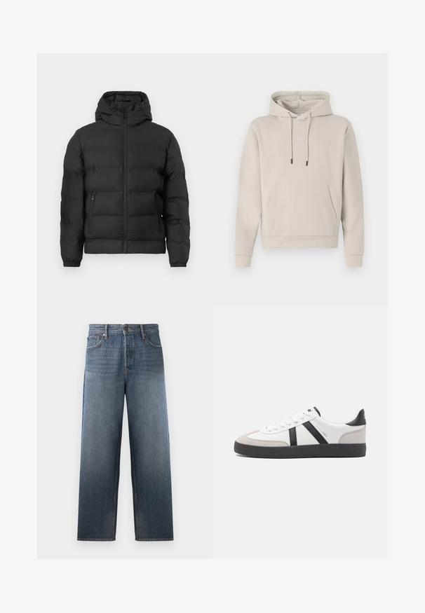 Schwarze Pufferjacke mit Kapuze, frontalem Reißverschluss, elastischen Bündchen und zwei seitlichen Reißverschlusstaschen vor einem weißen Hintergrund.; Kapuzensweatshirt in hellbeige, mit einer Fronttasche, Kordelzügen und gerippten Bündchen. Aus weichem, glattem Stoff gefertigt mit einer lockeren Passform.; Jeans aus Denim in mittlerem Blau mit einem geraden Bein Design, ausgestattet mit fünf Taschen, einem Knopf- und Reißverschluss sowie subtilen Verblassungen.; Weiße Sneaker mit schwarz- und grau-aczenten, ausgestattet mit einer strukturierten grauen Zehenkappe, schwarzer Gummi-Sohle und flachen weißen Schnürsenkeln. Sauberes Design, minimalistische Stil.