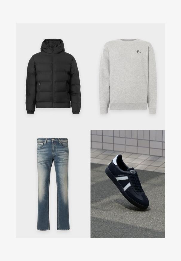 Schwarze Pufferjacke mit Kapuze, frontalem Reißverschluss, elastischen Bündchen und zwei seitlichen Reißverschlusstaschen vor einem weißen Hintergrund.; Grauer Sweatshirt aus Baumwollmischung, mit Rundhalsausschnitt und gerippten Bündchen. Ein kleines schwarzes Diamantlogo ist auf der Brust gestickt.; Hellblaue Denim-Jeans mit Ausbleichungen, geradem Schnitt, fünf Taschen und Metallakzenten. Maschinen genäht mit einer weichen Textur.; Schwarze Leder-Sneaker mit weißen Streifen, strukturiertem Gummisohle und Schnürung. Verfügt über ein Markenetikett auf der Zunge.