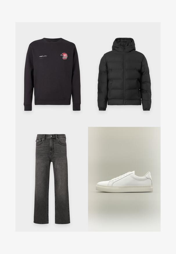 Mustergrey puffer jakk, millel on kapuuts, eest lukuga, elastsed varrukad ja kaks lukuga küljekotti valge tausta ees.; Mustmust, puuvilla segu, ümmargune kaelus, pikad varrukad, punane graafika kiivrist ruudulise mustriga. Logo rinnal.; Sirged mustad kulunud teksad, millel on esiküljel ja mündikohal taskud, nupuga ja lukuga sulgura, esitatud valgel taustal.; Valge madala säärega toss, ees paeladega ja paksu taldosa, külje pealt neutraalsel taustal.