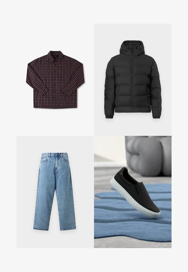 Schwarze Pufferjacke mit Kapuze, frontalem Reißverschluss, elastischen Bündchen und zwei seitlichen Reißverschlusstaschen vor einem weißen Hintergrund.; Herren Langarmshirt mit navyblauem Grund und rot-weißer karierter Musterung, Knopfleiste und klassischem Kragen. Aus Baumwollstoff.; Hellblaue Jeans aus Denim mit hoher Taille, weitem geradem Bein, vorderer Knopfleiste, Reißverschluss und Fünf-Taschen-Design.; Schwarze Slipper mit strukturierter Oberfläche, kontrastierender weißer Sohle, präsentiert über einem blauen Teppich. Minimalistisches Design mit glatten Kanten.