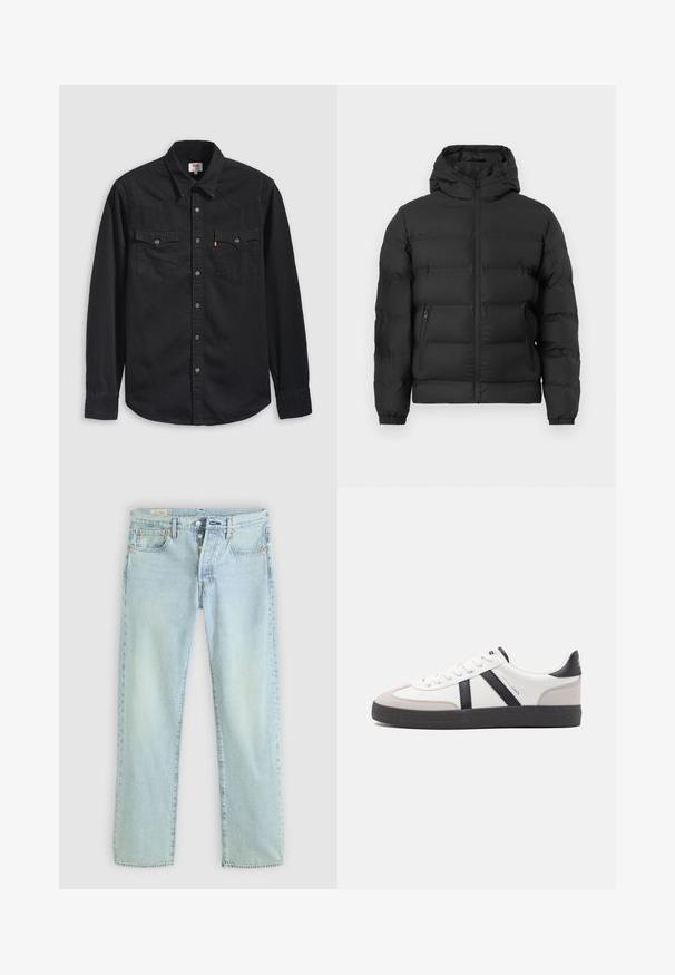 Doudoune noire avec capuche, fermeture éclair avant, poignets élastiques et deux poches latérales zippées sur fond blanc.; Chemise en denim noir avec col boutonné, deux poches poitrine et un col pointu avec des détails de couture visibles.; Jeans en denim bleu clair avec une coupe droite, cinq poches, braguette à boutons et décoloration subtile. Présente des détails de couture et des rivets en cuivre.; Baskets blanches avec des accents noirs et gris, présentant un embout texturé gris, une semelle en caoutchouc noir et des lacets plats blancs. Design épuré, style minimaliste.