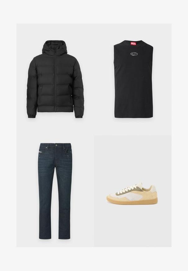Doudoune noire avec capuche, fermeture éclair avant, poignets élastiques et deux poches latérales zippées sur fond blanc.; T-shirt sans manches noir en coton, avec un col rond et un logo argenté sur la poitrine. Design simple et uni sans motifs.; Jeans bleu foncé à jambes droites avec un léger effet délavé et des détails d'usure, fermeture frontale par boutons, passants pour ceinture, et cinq poches visibles.; Baskets basses en daim beige, panneaux en maille blanche, accents olive, lacets blancs et semelle en caoutchouc naturel sur fond gris clair.
