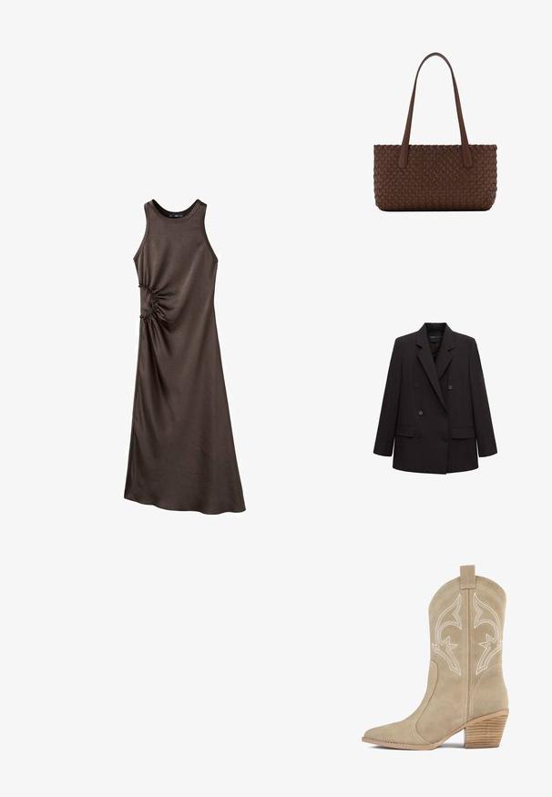 Blazer noir à double boutonnage avec revers crantés, six boutons, poches à rabat et manches longues, adapté pour une tenue formelle ou professionnelle.; Robe marron sans manches en tissu lisse avec un détail froncé sur le côté, présentant une silhouette longue et droite ainsi qu'un col rond.; Botte de cowboy en daim beige avec bout pointu, couture décorative blanche, tige haute et talon en bois empilé.; Sac à main en cuir marron avec un motif tissé, avec deux longues anses fines pour un port à l'épaule.
