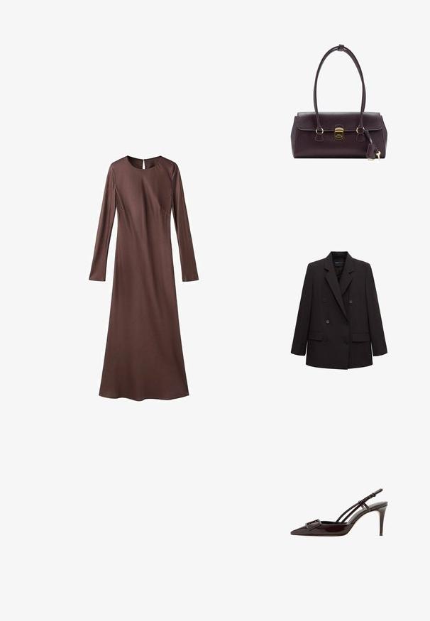 Blazer noir à double boutonnage avec revers crantés, six boutons, poches à rabat et manches longues, adapté pour une tenue formelle ou professionnelle.; Robe longue marron foncé à manches longues, longueur jusqu'aux chevilles, avec un col rond et des détails discrets de coutures sur un fond blanc.; Escarpins slingback noirs en cuir verni à bout pointu avec une boucle décorative et des fines brides de cheville.; Sac à main en cuir violet foncé avec un design structuré, deux poignées, des accessoires dorés, un rabat plat avec un fermoir et un détail porte-clés.