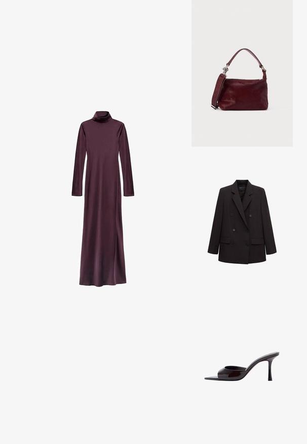 Blazer noir à double boutonnage avec revers crantés, six boutons, poches à rabat et manches longues, adapté pour une tenue formelle ou professionnelle.; Robe à manches longues et col roulé en bourgogne profond, fabriquée dans un tissu lisse. Présente une silhouette droite et atteint le mollet. Pas de motifs visibles.; Mule en cuir verni noir à bout ouvert avec un talon stiletto fin de hauteur moyenne et une bride supérieure basse.; Petit sac à main rectangulaire bordeaux avec finition texturée, poignée courte et bandoulière amovible sur un fond clair uni.