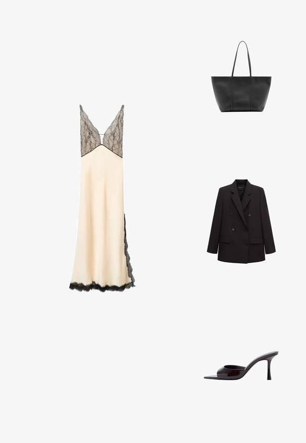 Blazer negro de doble botonadura con solapas con muesca, seis botones, bolsillos con solapa y mangas largas, adecuado para uso formal o de negocios.; Camison de satén en crema con un cuerpo de encaje negro y ribete. Escote en V y tirantes ajustables. Largo hasta el suelo con detalles de encaje en los laterales.; Mule negra de charol con puntera abierta, tacón stiletto delgado de altura media y correa superior de corte bajo.; Bolso tote de cuero negro con asas largas y delgadas, superficie texturizada y parte superior ancha y abierta.