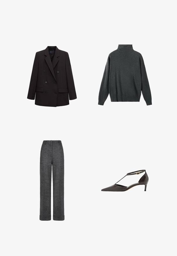 Schwarzer doppelt geknöpfter Blazer mit gekerbtem Revers, sechs Knöpfen, Pattentaschen und langen Ärmeln, geeignet für formelle oder geschäftliche Anlässe.; Dunkelgrauer Rollkragenpullover aus weichem Stoff, mit lockerem Schnitt, langen Ärmeln sowie gerippten Bündchen und Saum. Glatte Textur.; Graue Wollhose mit Fischgratmuster, geraden Beinen, aufgeschlagenen Säumen und einem Bund mit Gürtelschlaufen.; Schwarze Leder-Damen-Schuh mit spitzem Zehenbereich, niedrigem Absatz, T-Riemen und goldener Schnallenverschluss auf weißem Hintergrund.