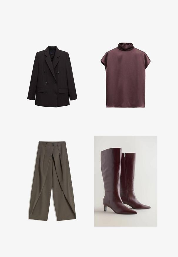 Schwarzer doppelt geknöpfter Blazer mit gekerbtem Revers, sechs Knöpfen, Pattentaschen und langen Ärmeln, geeignet für formelle oder geschäftliche Anlässe.; Ärmellose Bluse aus dunklem mauvefarbenem Satin mit lockerem Schnitt und hohem, leicht gerafftem Rollkragen.; Weite Hosen aus einem strukturierten, dunkelgrauen Stoff. Mit einer vorderen Faltenlegung, Knopfverschluss und praktischen Seitentaschen ausgestattet.; Bordeauxfarbene Leder-Stiefel bis zum Knie mit einer verjüngten Spitze, dekorativer Naht und einem seitlichen Reißverschluss. Merkmale einen niedrigen, schlanken Absatz.