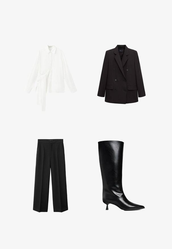 Blazer noir à double boutonnage avec revers crantés, six boutons, poches à rabat et manches longues, adapté pour une tenue formelle ou professionnelle.; Chemise blanche à manches longues avec col pointu et détail de nouage asymétrique en tissu sur le côté gauche.; Pantalons larges noirs en tissu lisse, dotés d'une taille haute, de plis marqués et de poches latérales pour plus de fonctionnalité.; Boot en cuir noir, montant jusqu'au genou, avec un bout pointu, une silhouette élancée et un talon carré bas, le tout avec une finition brillante.