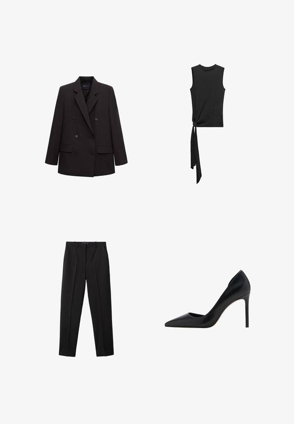 Zwarte dubbelrijige blazer met inkeping revers, zes knopen, klepzakken en lange mouwen, geschikt voor formele of zakelijke kleding.; Mango Top - black; Zwarte broek gemaakt van gladde stof, met een rechte pasvorm, plooien en een eenvoudig sluitingsontwerp. Klassieke en veelzijdige stijl.; Mango Hoge hakken - black