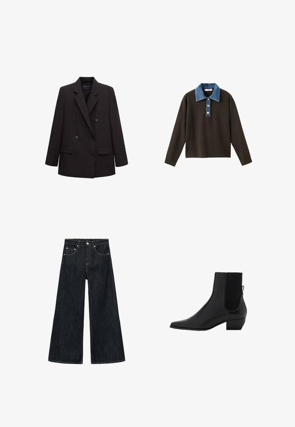 Sort, dobbeltradet blazer med hakket revers, seks knapper, lommer med klap og lange ærmer, egnet til formelt eller forretningsbrug.; Brun langærmet pullover med en blå denimkrave og tre knapper foran; har en glat tekstur og en afslappet pasform.; Bredde jeans i mørk denim med høj talje, der har to forlommer, en knaplukning og kontrastsyning.; Sort ankelstøvle lavet af glat læder med spids tå, elastiske sidestykker og en lav blokhæl. Minimalistisk design uden synligt hardware.