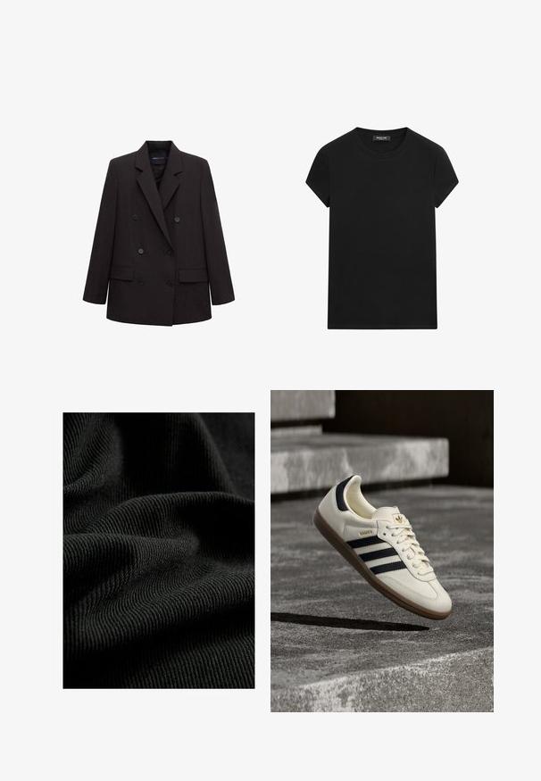 Blazer noir à double boutonnage avec revers crantés, six boutons, poches à rabat et manches longues, adapté pour une tenue formelle ou professionnelle.; T-shirt noir à manches courtes avec un col rond et une étiquette de marque visible à l'encolure, centré sur un fond blanc.; Tissu noir côtelé avec une surface texturée, mettant en valeur des plis et des courbes subtiles. Le matériau semble léger et flexible.; Baskets blanches Adidas Samba avec des bandes noires et une semelle en gomme, flottant au-dessus de marches en béton gris texturé.