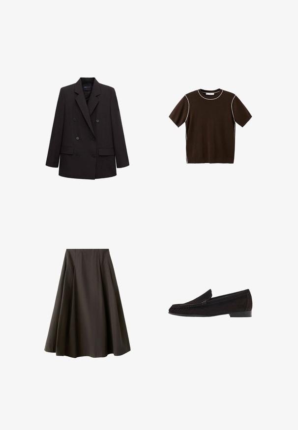 Blazer noir à double boutonnage avec revers crantés, six boutons, poches à rabat et manches longues, adapté pour une tenue formelle ou professionnelle.; Chemise en tricot à manches courtes de couleur marron foncé avec bordure blanche le long de l'encolure, des coutures d'épaule et des côtés, présentée sur un fond blanc.; Jupe noire trapèze à taille haute avec ourlet évasé, fabriquée en tissu lisse, présentée sur fond blanc.; Mocassins en daim marron à texture lisse, dotés d'un talon bas et d'une forme arrondie à l'avant. Le dessus présente des accents de couture subtils.