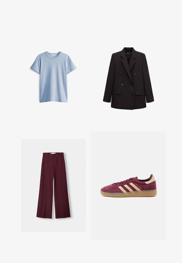 Schwarzer doppelt geknöpfter Blazer mit gekerbtem Revers, sechs Knöpfen, Pattentaschen und langen Ärmeln, geeignet für formelle oder geschäftliche Anlässe.; Himmelblaues Baumwoll-T-Shirt mit rundem Halsausschnitt und kurzen Ärmeln. Glatte Textur und gerader Saum, einfaches und klassisches Design.; Burgunderfarbene weite Hose aus glattem Stoff, mit einem vorderen Knopfverschluss und klaren Falten für ein maßgeschneidertes Aussehen.; Niedrig geschnittener, kastanienbrauner Wildleder-Sneaker mit beigen Adidas-Streifen, Gummisohle und goldener „Spezial“-Beschriftung an der Seite, auf weißem Hintergrund dargestellt.