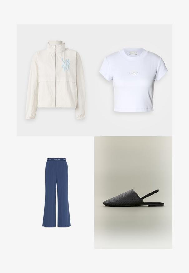 Letvægts, kremfarvet jakke i et glat stof med høj krave, lynlås foran og et blåt logo på venstre bryst.; Hvid cropped t-shirt med rund halsudskæring og korte ærmer, der har en diskret "Calvin Klein" logo i midten.; Marineblå kickflare bukser lavet af blødt stof med en glat tekstur. Har en elastisk talje med "Calvin Klein" logo langs toppen.; Sort tekstureret flad mule med spids lukket tå og tynd elastisk slingback-rem, sat mod en ensfarvet lys baggrund.