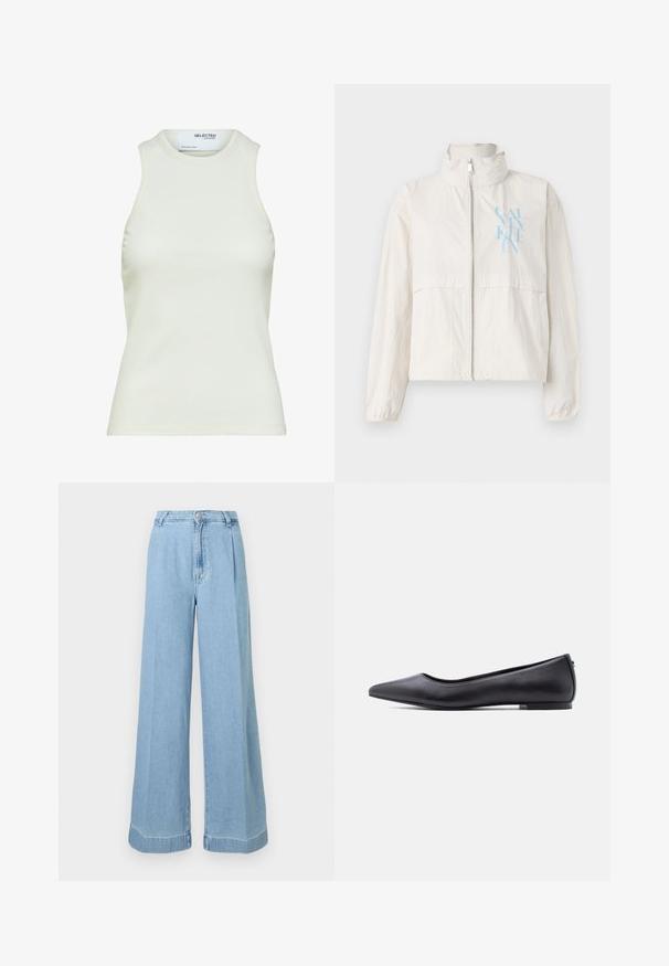 Chaqueta ligera de color crema en un tejido suave, con cuello alto, cierre de cremallera en la parte delantera y un logo azul en el lado izquierdo del pecho.; Camiseta sin mangas blanca acanalada con escote redondo de Selected Femme, mostrando vista frontal sin patrones ni decoraciones.; Jeans de mezclilla de color azul claro de pierna ancha con una cintura alta, pliegues en la parte delantera y un dobladillo sin terminar para un look casual.; Zapato plano de cuero negro con punta puntiaguda y tacón bajo, mostrado de perfil contra un fondo blanco.