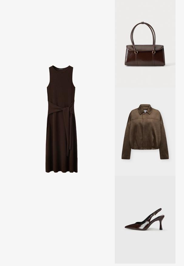 Veste zippée en daim marron avec col et manches longues, présentée sur un fond clair uni.; Robe midi marron foncé sans manches avec encolure ronde et ceinture en tissu attachée à la taille, présentée sur fond blanc.; Talons slingback en cuir verni brun avec un bout pointu, un talon fin, et une sangle réglable avec une petite boucle.; Sac à main rectangulaire en cuir marron foncé avec deux anses en boucle et une fermeture à rabat sur un fond clair uni.