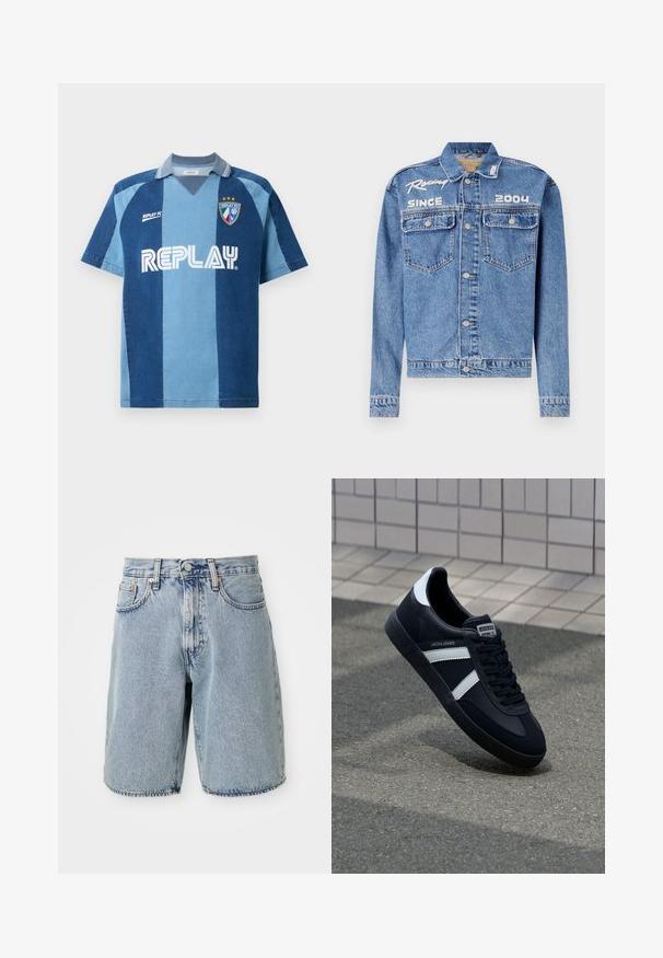 Jeansjacke, hellblau, klassischer Schnitt, Knopfverschluss. Mit zwei Brusttaschen und aufgesticktem Text "Racing Since 2004" in Weiß.; Jeans-inspiriertes Jersey mit kurzen Ärmeln, das ein dunkelblaues und hellblaues gestreiftes Design, einen V-Ausschnitt und das auffällig platzierte "REPLAY"-Logo aufweist.; Helle blaue Denim-Shorts mit hoher Taille, geradem Schnitt, ausgefranstem Saum, fünf Taschen und Knopfverschluss. Sichtbare, abgenutzte Textur.; Schwarze Leder-Sneaker mit weißen Streifen, strukturiertem Gummisohle und Schnürung. Verfügt über ein Markenetikett auf der Zunge.