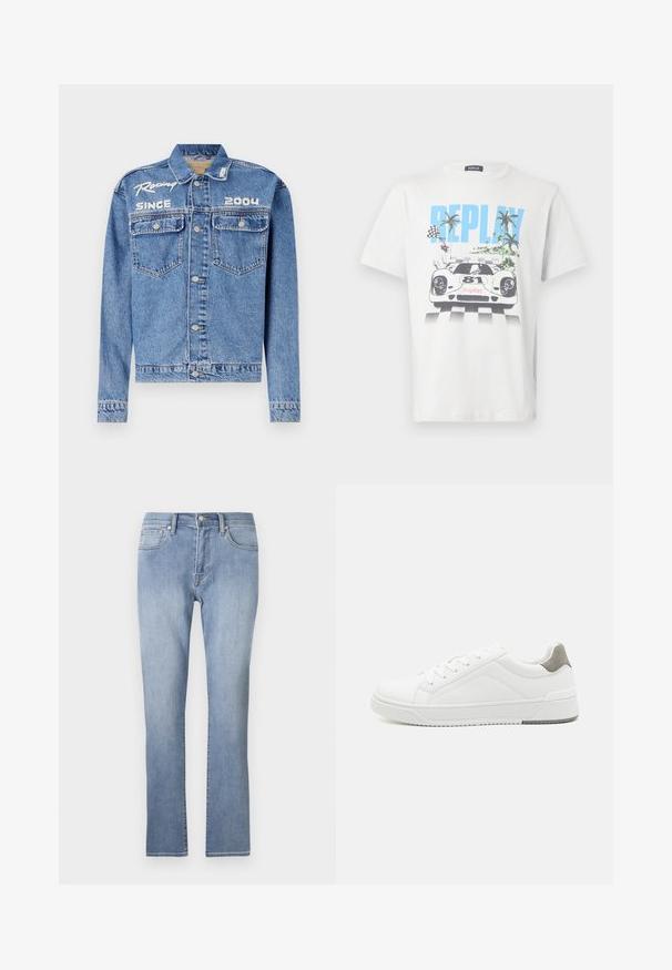 Denim müts, helesinine, klassikaline lõige, nupuga sulgemine. Omab kahte rinna taskut, valge tikandiga tekst "Võidusõit alates 2004".; Valge puuvillane T-särk, millel on värvikas joonistus võidusõiduautost, palmidest ja ruudulippudest ning kus on selgelt nähtav sõna "REPLAY".; Sinine denimpüksid otse jala disainiga, varustatud tõmbluku, viie tasku ja kulumisdetailidega reite piirkonnas.; Valge tenniseking sileda nahaga, ümar varvas, minimalistlik disain, hall kand, ja tekstureeritud kummist tald.
