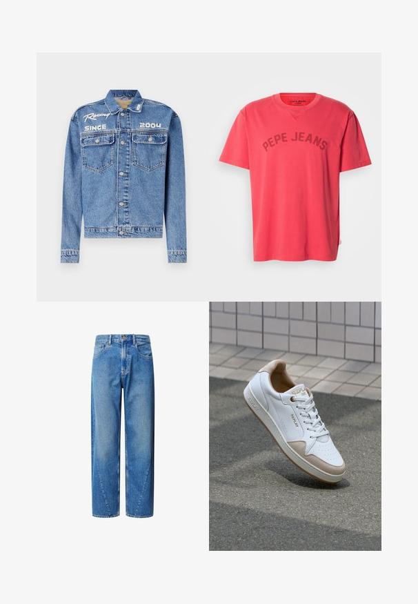 Denimjakke, lyseblå, klassisk pasform, knaplukning. Har to brystlommer, broderet tekst "Racing Since 2004" i hvid.; Koralfarvet bomulds-T-shirt med korte ærmer og rund halsudskæring. Har "PEPE JEANS" trykt i mørke bogstaver hen over brystet.; Lys blå denim jeans med høj talje, vidde ben og skrå yokesømme. Har fem lommer og knaplukning.; Hvide lædersneakers med beige ruskindsdetaljer, flade snørebånd, perforeret tåboks og guldlogo på tungen og siden.