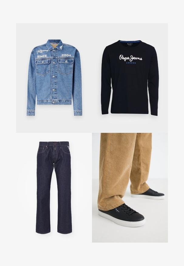 Jeansjack, lichtblauw, klassieke pasvorm, knoopsluiting. Beschikt over twee borstzakken, geborduurde tekst "Racing Since 2004" in het wit.; Zwart T-shirt met lange mouwen, gemaakt van katoen, met in het midden van de borst witte en blauwe logo-tekst "Pepe Jeans London".; Donkerblauwe denim jeans met een recht model. Kenmerken zijn een knoopsluiting, vijf zakken en contrasterende stiksels.; Zwarte leren sneakers met witte rubberen zolen. Draagt een paar tan corduroy broeken met verticale ribbels en een ontspannen pasvorm.