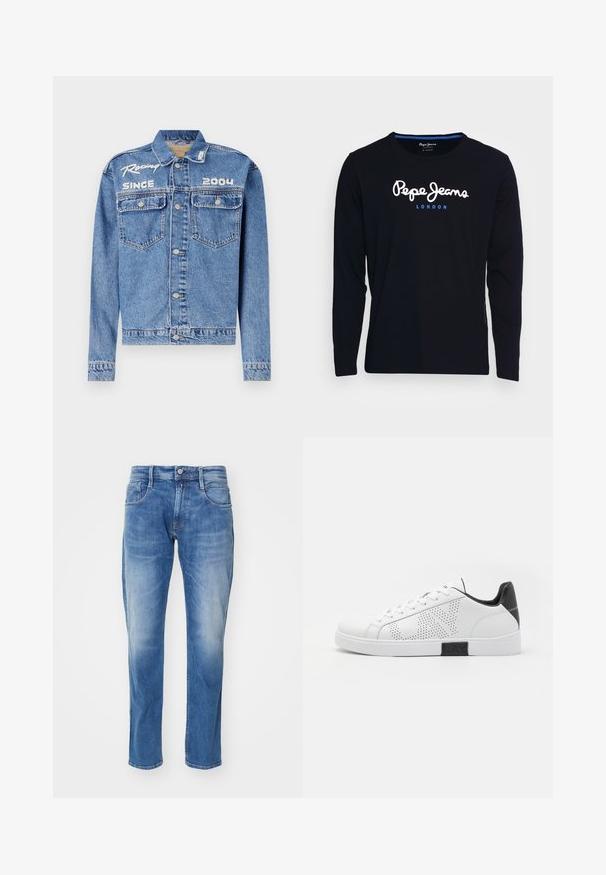 Jeansjacke, hellblau, klassischer Schnitt, Knopfverschluss. Mit zwei Brusttaschen und aufgesticktem Text "Racing Since 2004" in Weiß.; Schwarzes Langarm-T-Shirt aus Baumwollstoff, mit dem weißen und blauen Logo-Text "Pepe Jeans London" centriert auf der Brust.; Hellblaue Jeans aus Denim mit geradem Bein, fünf Taschen, dezentem Verblassen und einem normalen Bund mit Knopfverschluss.; Weiße Leder-Sneaker mit durchbrochenem Design, schwarzem Fersenakzent und Zwischensohle. Verfügt über eine runde Zehenpartie und ein Schnürsystem mit sechs Ösen.