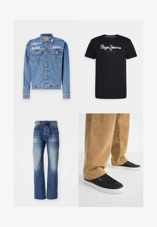 Denimjakke, lyseblå, klassisk pasform, knaplukning. Har to brystlommer, broderet tekst "Racing Since 2004" i hvid.; Sort bomulds T-shirt med et hvidt skriftskriftlogo "Pepe Jeans" med en blå accent, rund hals og korte ærmer. Enkel, ensfarvet design.; Blå denim jeans med lige ben-design, der har lys falmning og let whiskering fortil. Standard fem-lomme stil.; Sorte lædersneakers med hvide gummisåler. Båret med tanfarvede corduroybukser med vertikale ribber og en afslappet pasform.