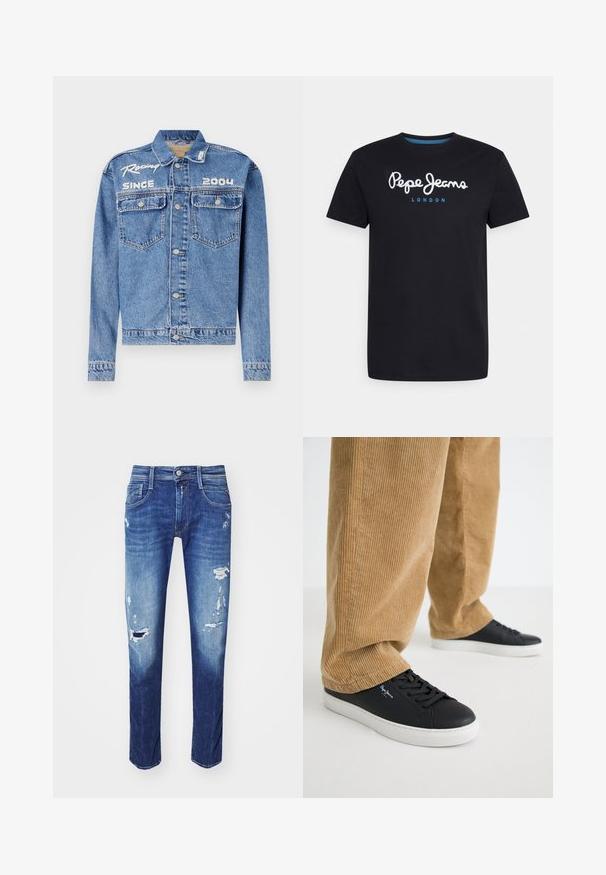 Denimjakke, lyseblå, klassisk pasform, knaplukning. Har to brystlommer, broderet tekst "Racing Since 2004" i hvid.; Sort bomulds T-shirt med et hvidt skriftskriftlogo "Pepe Jeans" med en blå accent, rund hals og korte ærmer. Enkel, ensfarvet design.; Mørkeblå denimjeans med rifter, fem-lommes design og subtilt slid. Lige ben med en ren kant.; Sorte lædersneakers med hvide gummisåler. Båret med tanfarvede corduroybukser med vertikale ribber og en afslappet pasform.