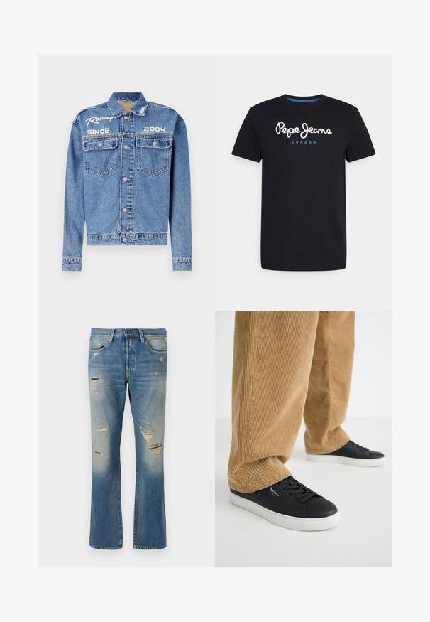Denimjakke, lyseblå, klassisk pasform, knaplukning. Har to brystlommer, broderet tekst "Racing Since 2004" i hvid.; Sort bomulds T-shirt med et hvidt skriftskriftlogo "Pepe Jeans" med en blå accent, rund hals og korte ærmer. Enkel, ensfarvet design.; Lyseblå denimjeans med afslappet pasform, der har slidte detaljer og frynset lapper, med standard fem-lomme-design og knaplukning.; Sorte lædersneakers med hvide gummisåler. Båret med tanfarvede corduroybukser med vertikale ribber og en afslappet pasform.