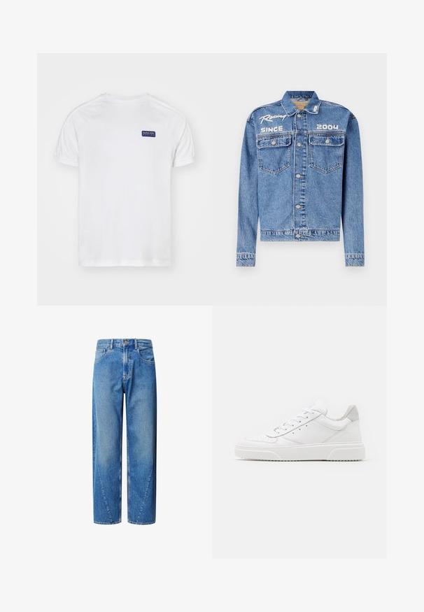 Denimjakke, lyseblå, klassisk pasform, knaplukning. Har to brystlommer, broderet tekst "Racing Since 2004" i hvid.; Hvid kortærmet t-shirt med raglanærmer, der har et blåt rektangulært logo på venstre bryst og en subtil tekstur på stoffet.; Lys blå denim jeans med høj talje, vidde ben og skrå yokesømme. Har fem lommer og knaplukning.; Hvide lædersneakers med en glat finish, rund tå, flade snørebånd og en struktureret sål. Grå ruskindsdetalje ved hælen.