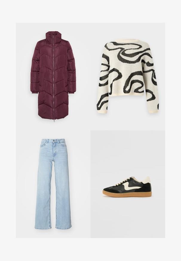 Bordeaux pufferjas met een hoge kraag, vooraan sluiting met rits, zijzakken en een gewatteerd chevronpatroon. Geweven, waterafstotende stof.; Gebreid sweatshirt in crème met zwart abstract zwirlpatroon, losse pasvorm, lange mouwen, ronde halslijn, textuurstof en geribde boorden.; Lichtblauwe wijde jeans van denim. Met een hoge taille, knoopsluiting aan de voorkant en twee zakken. Gladde textuur met subtiele vervaging.; Zwarte suède en leren sneaker met een crèmekleurige zij-swoosh en lichte crèmekleurige hiel. Voorzien van beige veters en een gumrubberen zool.