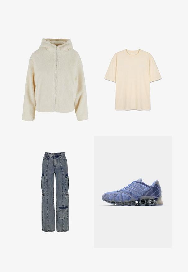 Crème-kleurige fleece hoodie met een voorrits, voorzien van een gestructureerde, donzige stof en een vaste capuchon voor warmte.; Beige oversized T-shirt met korte mouwen, ronde halslijn en subtiele witte tekst op de borst gedrukt.; Lichte blauwe denim cargo broeken. Kenmerken zijn wijde pijpen, meerdere zijzakken en contrasterende donkere denim accenten. Gestructureerd met zichtbare naden.; adidas Originals MEGA GHOSTRIDE W - Sneakers laag - blue spark/blue spark metallic/silver metallic
